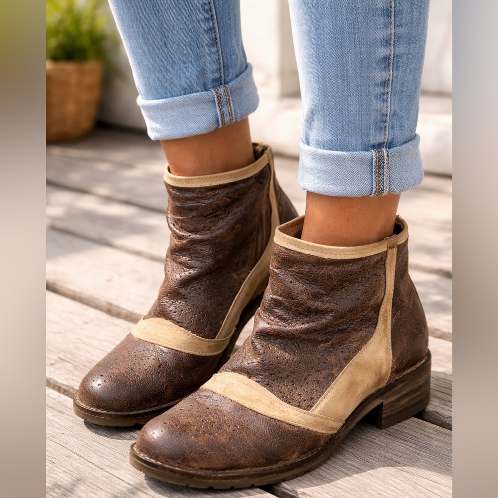 Dkode Distressed Leather Ankle Boots EU 38 Brown Rustic Boho Western Booties